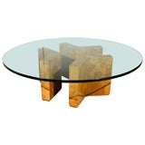 Milo Baughman-Inspired Burlwood Base Coffee Table with Glass Top