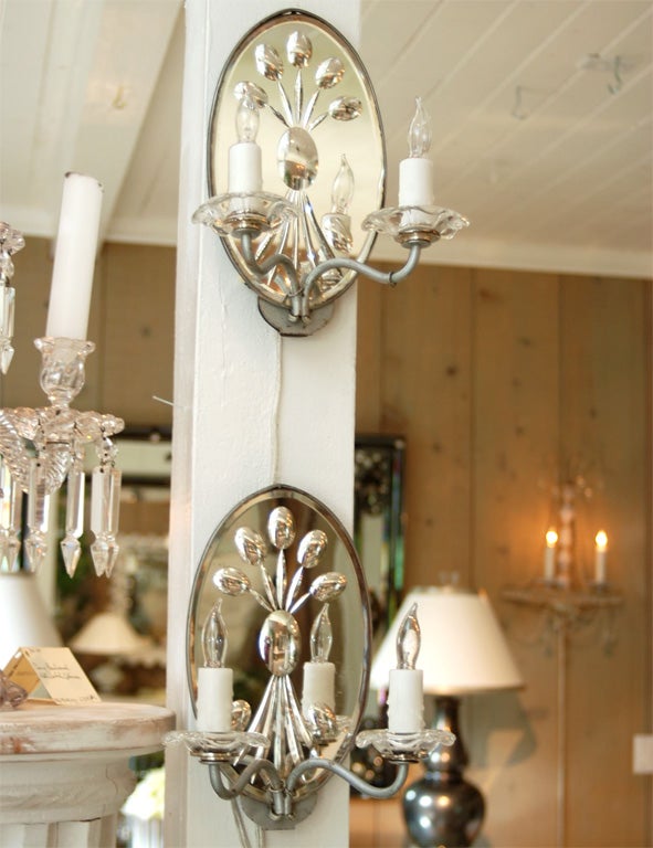 Pair of Etched and Beveled 2-Lite Mirror Back Sconces