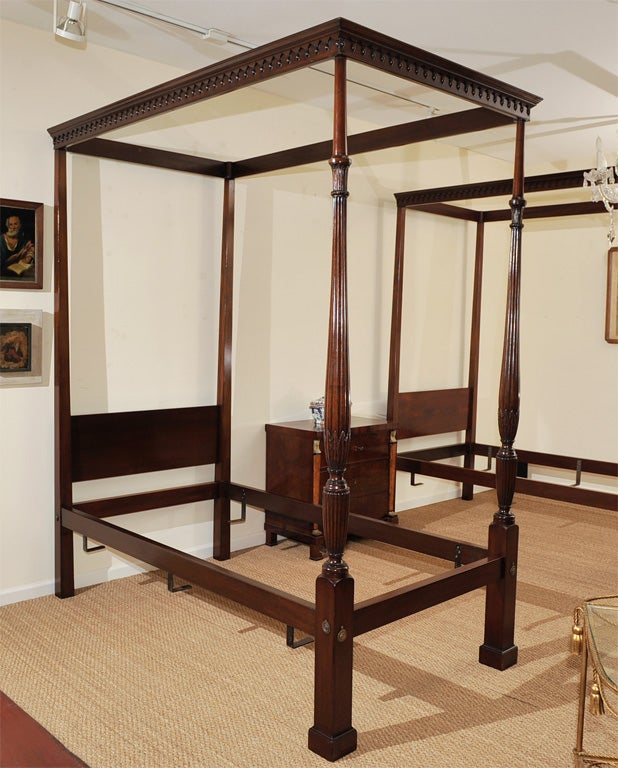 A Pair of English Chippendale Style Twin Mahogany Canopy Bed Frames