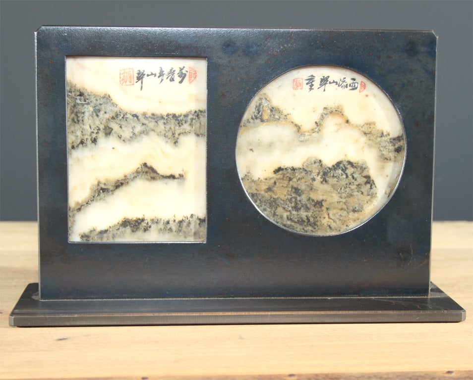 Chinese dalishi marble panels mounted in a contemporary metal stand. The black and white marble, also sometimes referred to as 