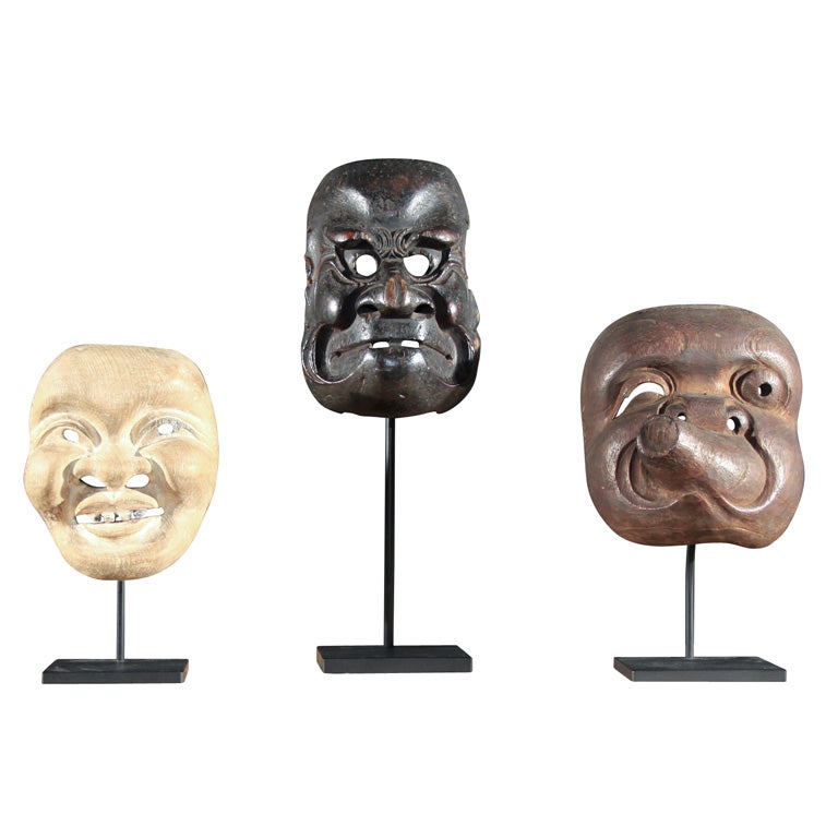 Three Japanese Carved Wood Theatrical Masks