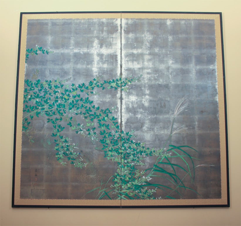 Japanese Two-Panel Silver Leaf Screen with Autumn Grasses