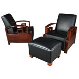 Chinese Art Deco Black Leather Club Chairs & Ottoman