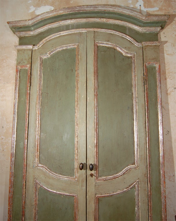 Italian Painted Green and Silver Leafed Double Doors with Frame and Gendarme Style(Curved)Cornish.From The Piedmont Region, C. 1710.