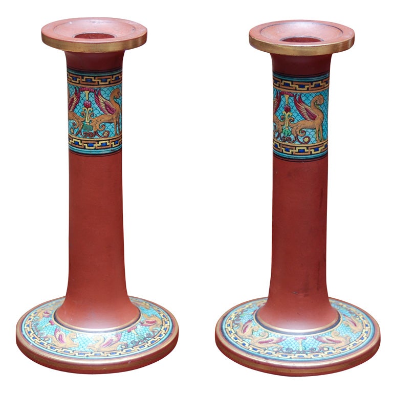 Pair of 19th Century Red Ware Candlesticks