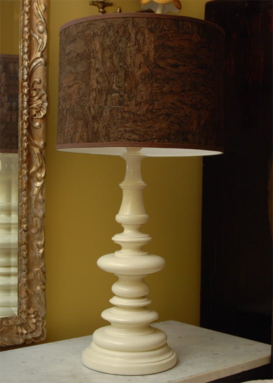 Turned White Pagoda Lamp with very stylish Espresso Cork Shade, a wonderful accent to any room. Also sold with lighter color cork shade, very attractive.