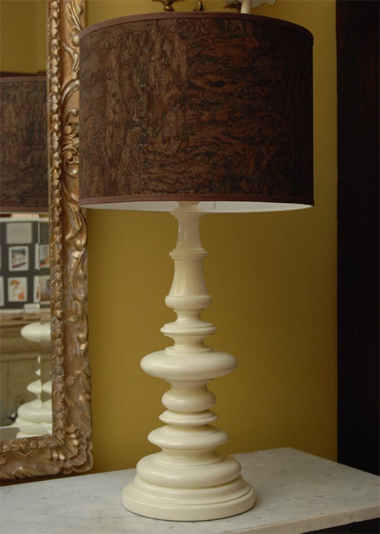 Italian Turned White Pagoda Lamp with Espresso Cork Shade