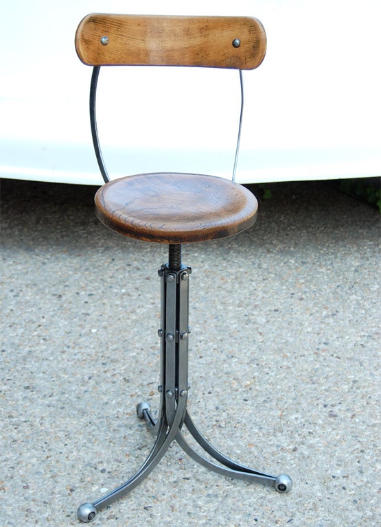 Industrial Bar Stools with Elm Seats In Excellent Condition In New York, NY
