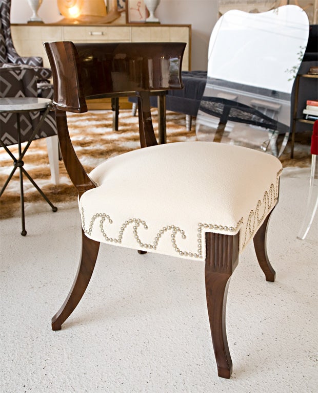 American Set of Four Walnut Klismos Chairs with Nailhead Trim Detail