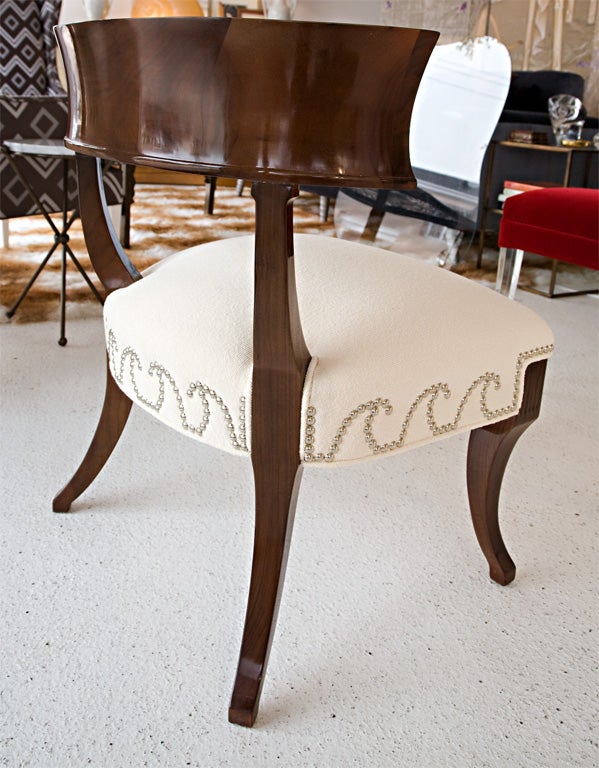 Mid-20th Century Set of Four Walnut Klismos Chairs with Nailhead Trim Detail