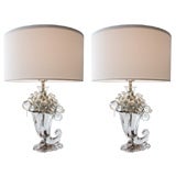 Antique Pair of Crystal Cornucopia Table Lamps with Custom Silk Shades
