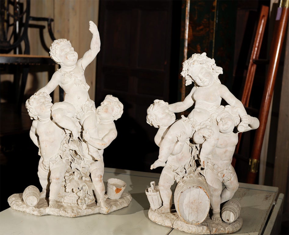 Pair, late 19thC Italian Carved Wood Puttis