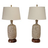 Pair of 60
s Volcanic Glaze Ceramic Lamps with Sapwood Bases
