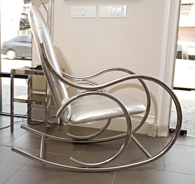 Chrome frame Rocker with Silver foil leather upholstery In Excellent Condition In Los Angeles, CA