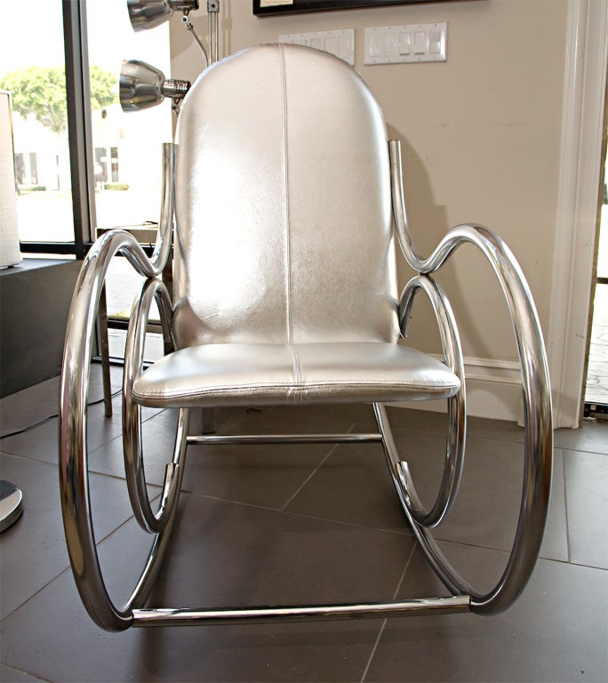 Chrome frame Rocker with Silver foil leather upholstery 3