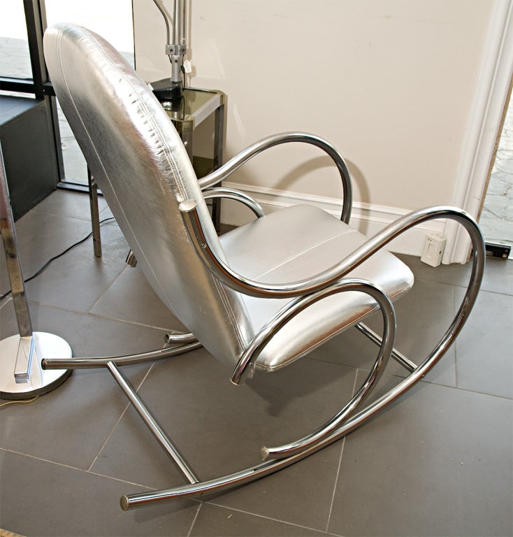 Chrome frame Rocker with Silver foil leather upholstery 4