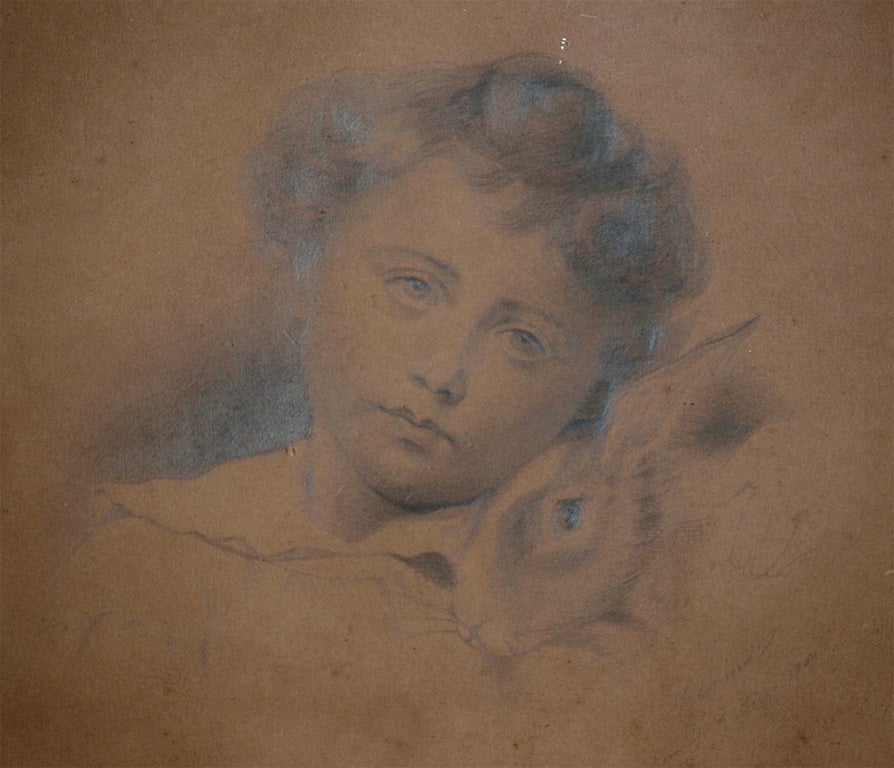 Italian Pencil Drawing Boy w/ Rabbit