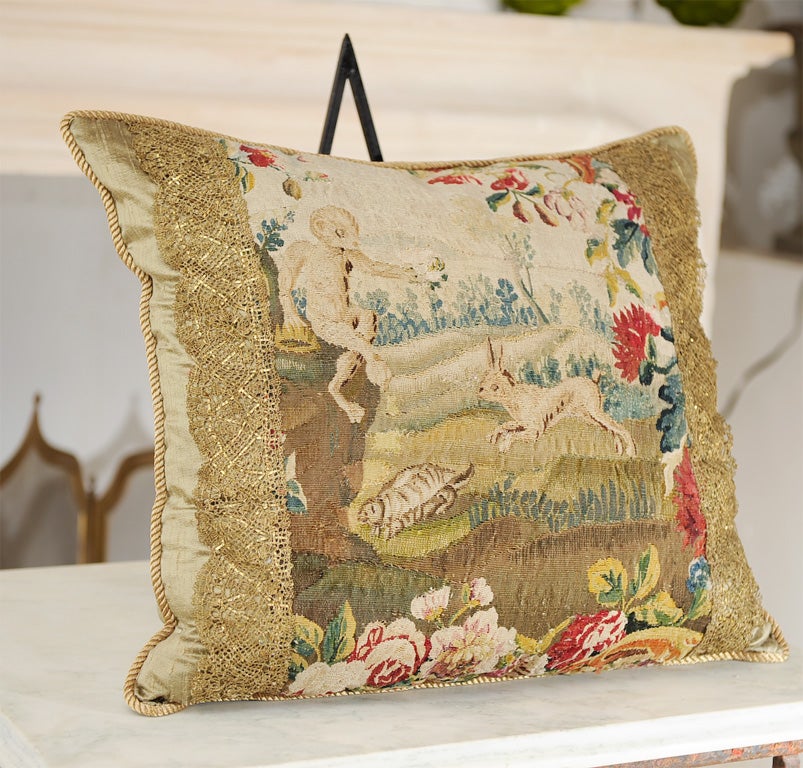 Exquisite Tapestry Pillow, featuring 18th c. pastoral scene