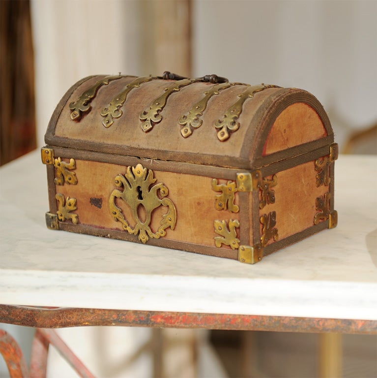 18th Cent. French Upholstered Box w/Brass Mountings.