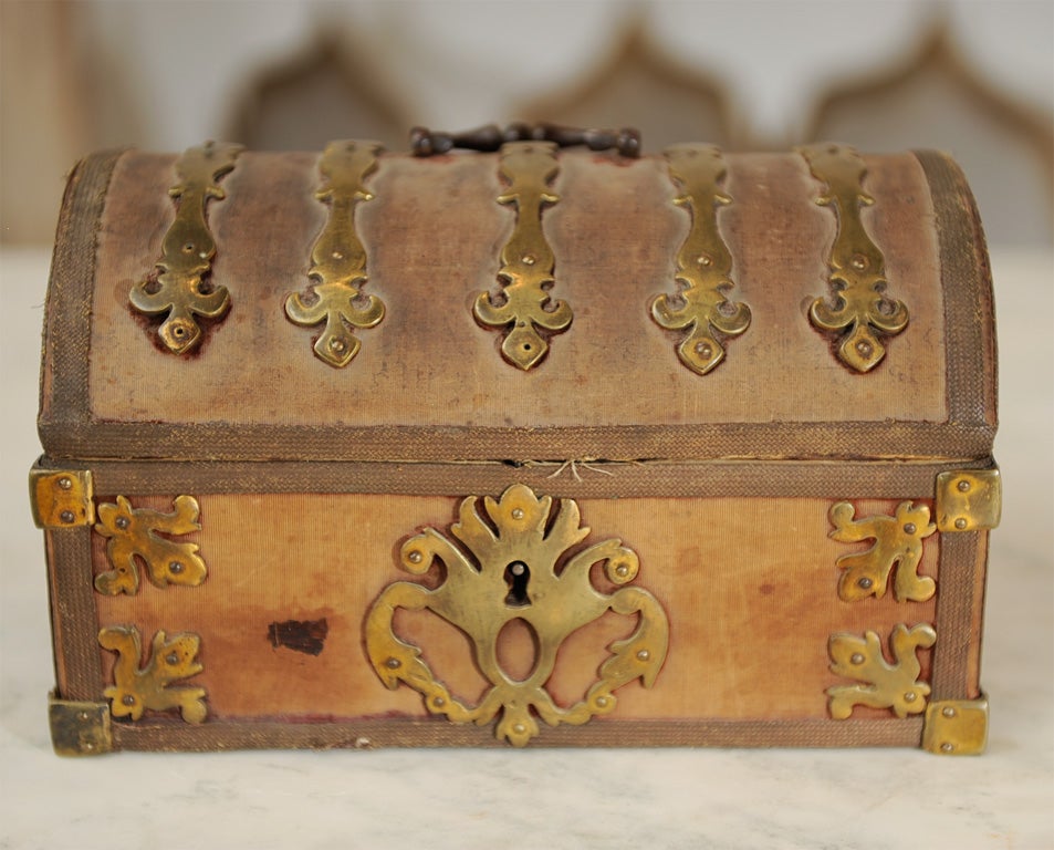 18th Century and Earlier 18th Cent. French Upholstered Box w/ Brass Mountings For Sale
