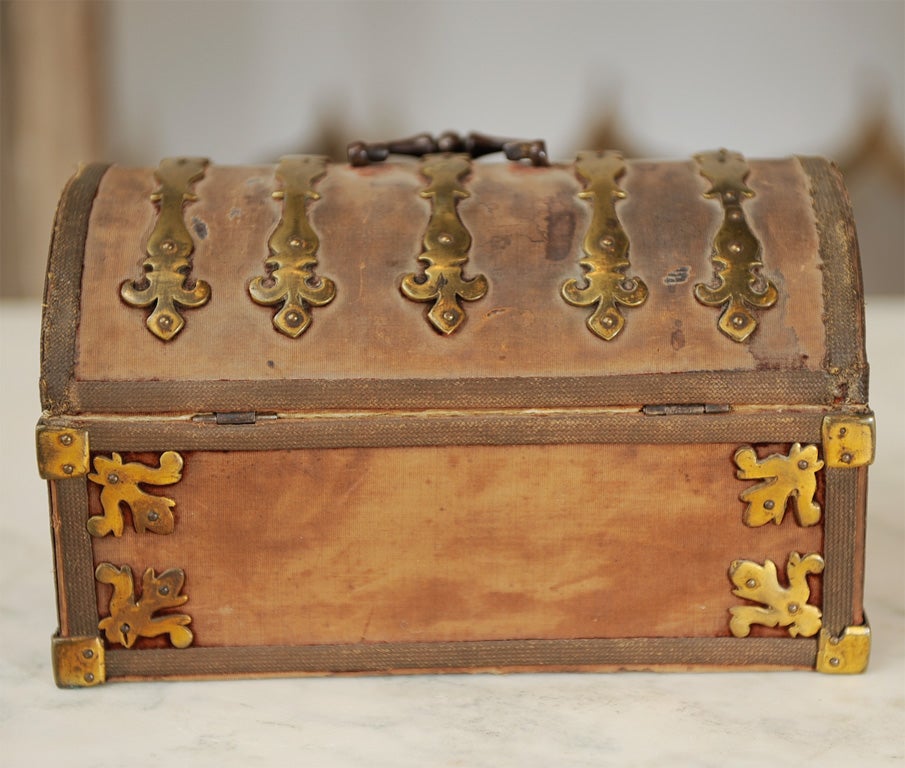 18th Cent. French Upholstered Box w/ Brass Mountings For Sale 1