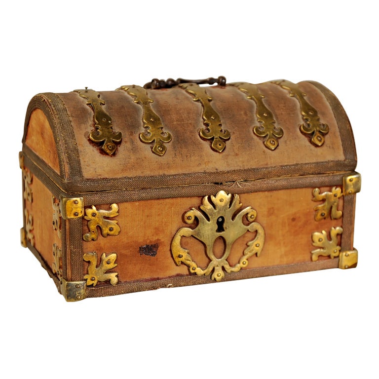 18th Cent. French Upholstered Box w/ Brass Mountings For Sale
