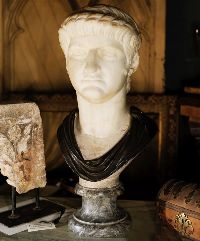 Classical 19th c. marble male bust w. bronze detail, Continental
