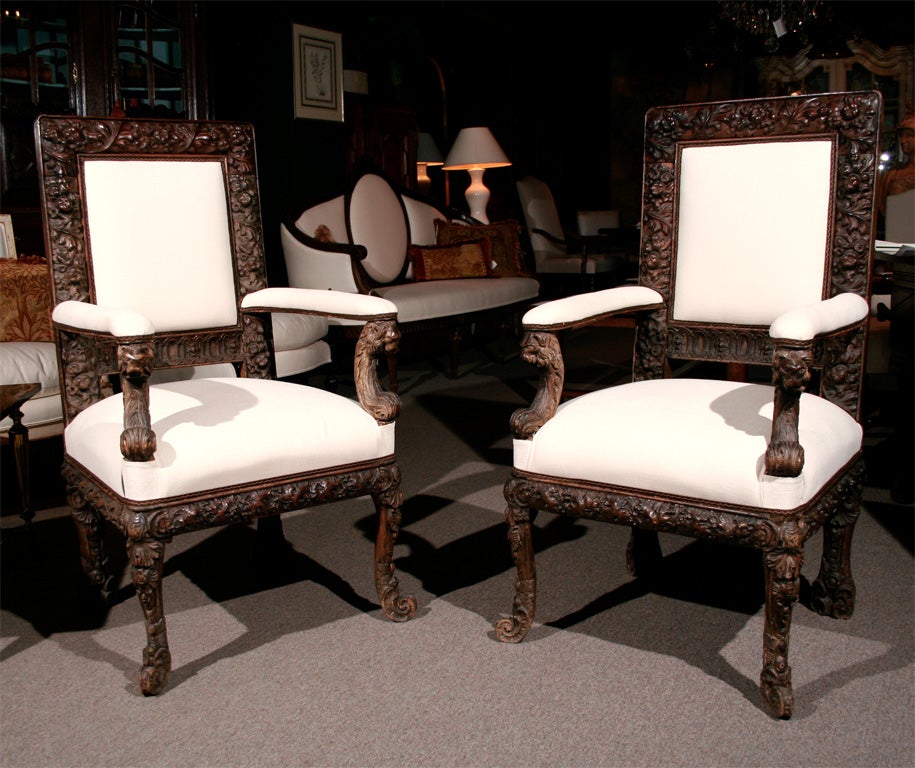 These amazing chairs have an almost “Grotto” like feel.  They feature lovely carved legs and arm supports with lions heads.  The seat and back rails are carved with fruit and foliate details.  The chairs can be recovered in our workshop, in C.O.M.,