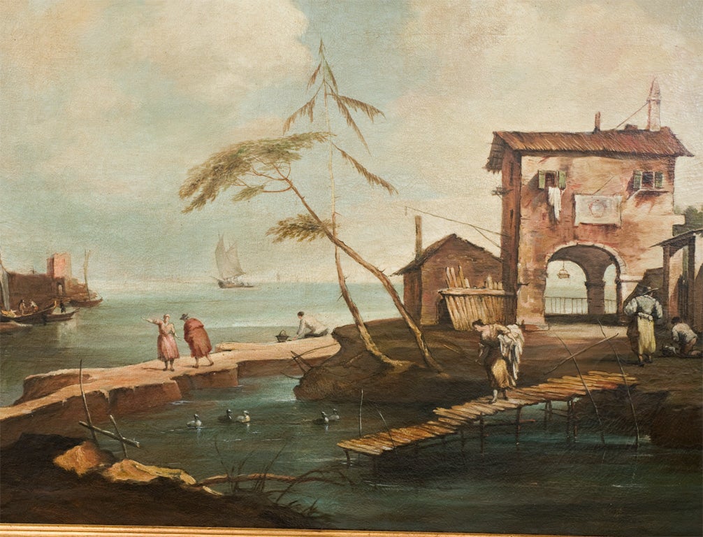 This is an impressive painting of considerable size of
the Italian sea coast  interpreted by the prestigious
Florentine Calzolari family of painters.His works are included in many prominent collections around the world.