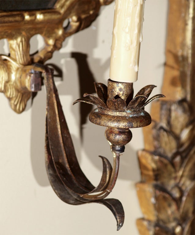 Pair Italian Giltwood Mirrored Sconces For Sale 2