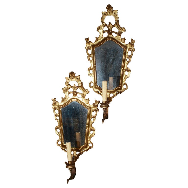 Pair Italian Giltwood Mirrored Sconces For Sale
