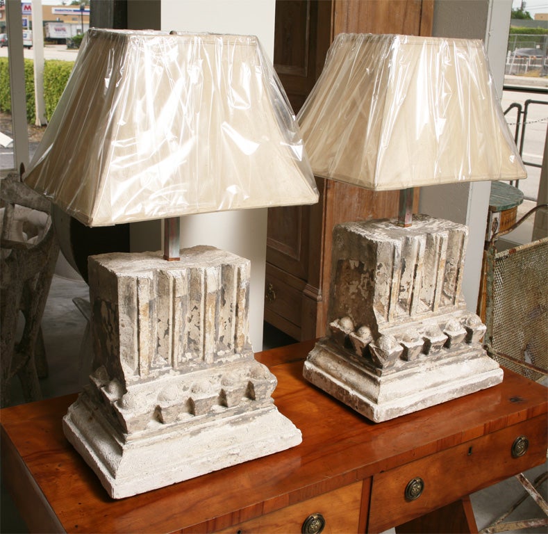 Two Pairs of French 19th century plasters architectural fragment base table lamps.