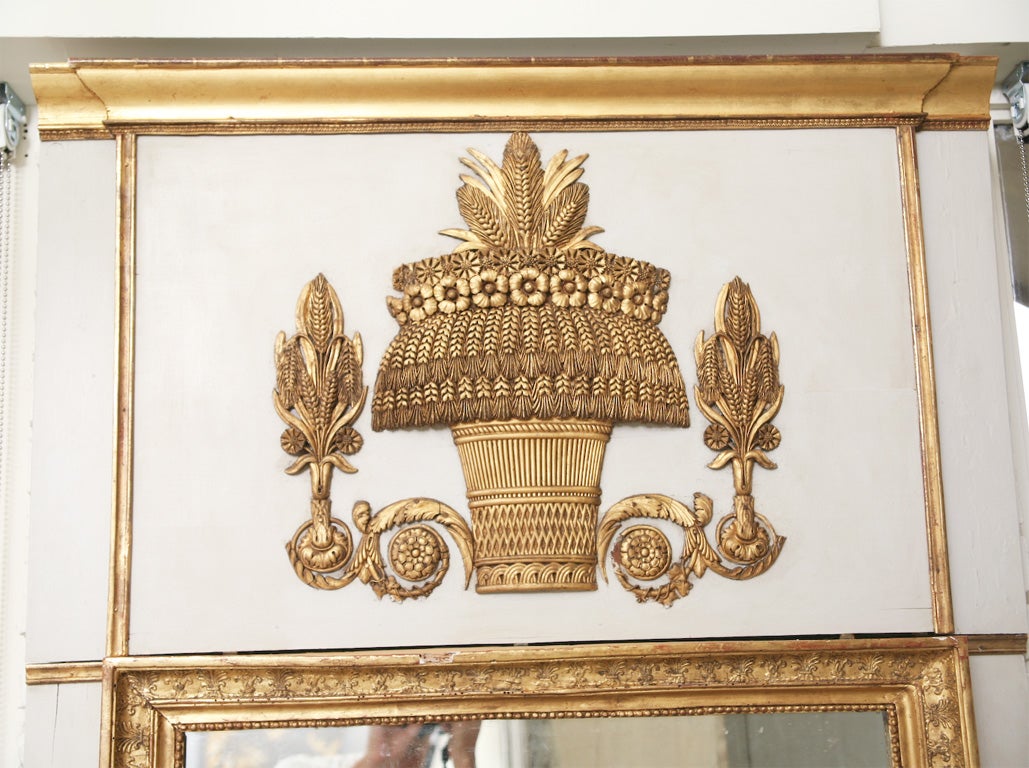 French Empire Trumeau Gilded Gold Mirror with a Basket Wheat Decoration For Sale
