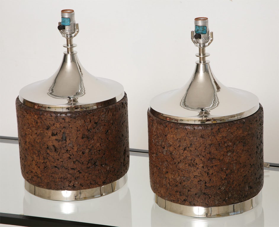 Great Cork & Nickel Drum Shape Table Lamps