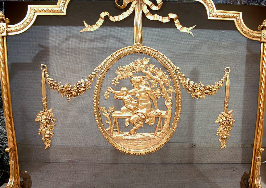 19th Empire bronze dore firescreen with original iron mesh