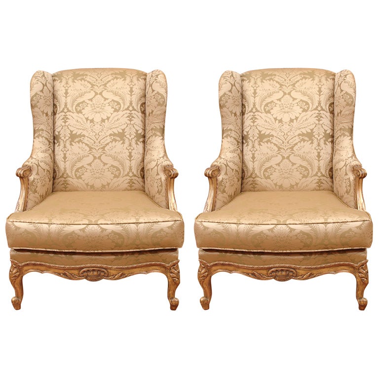 Pair Louis XV Gilt Wing Chairs