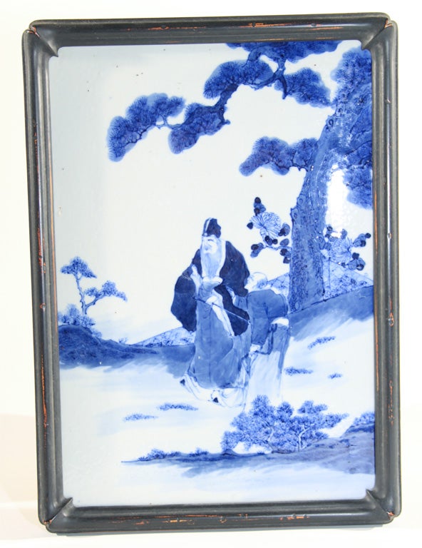 Chinese blue and white Porcelain Plaque,with japanese frame. From Estate of Titled Lady living in Paris, France.