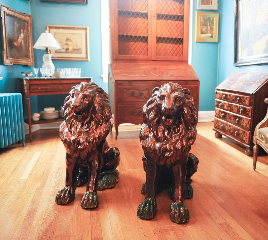 Extraordinary Pair of Lustreware Seated Lions