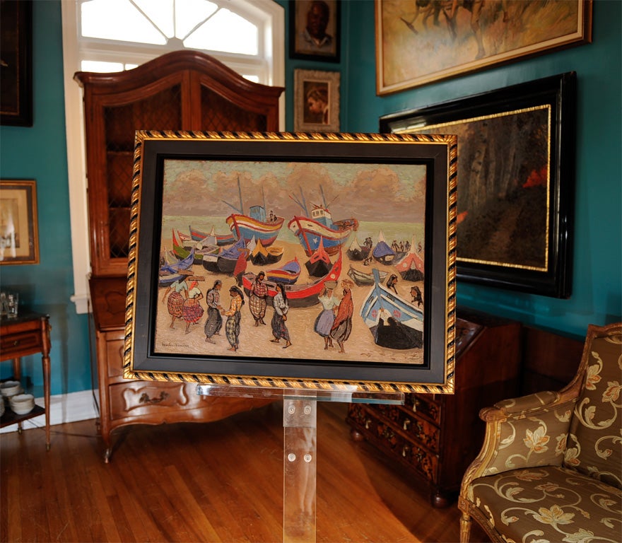 Oil on Canvas depicting a return of Lisbon fishermen, circa 1920's by Jacques Martin-Ferrieres (French 1893-1972)son of the great post impressionist painter Henri Martin. Signed lower left.