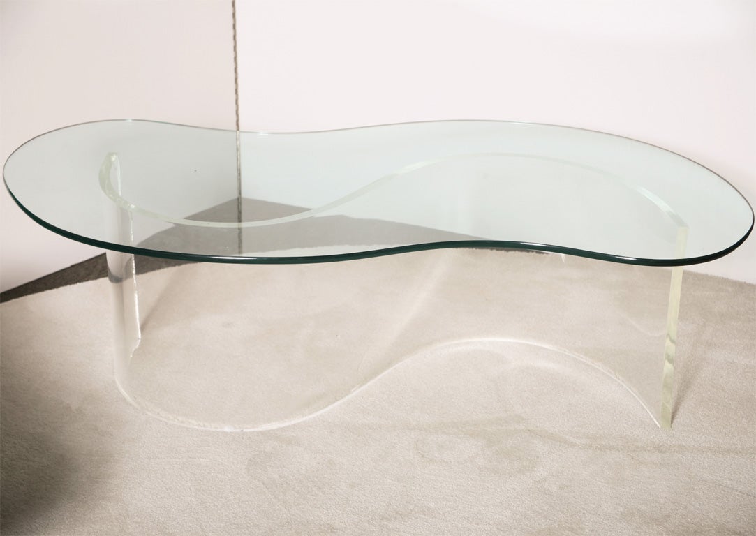Organic Vladimir Kagan glass top lucite sofa table