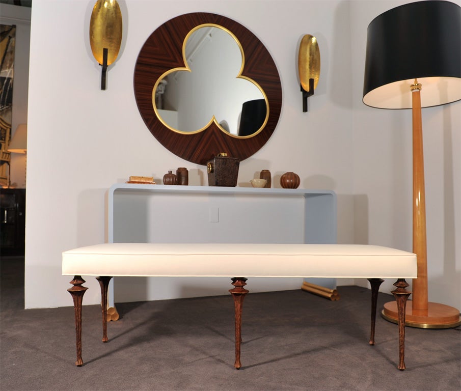 Contemporary rectangular bench with six bronze legs by Marc Bankowsky, upholstered in muslin.