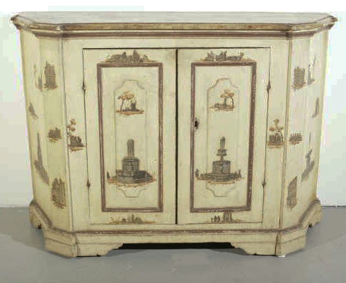 An Italian Baroque cream colored lacquered Italian arte povera two door credenza with a faux marble top having a painted blue interior retaining its original lock.  Cracqueleture - Venetian Region