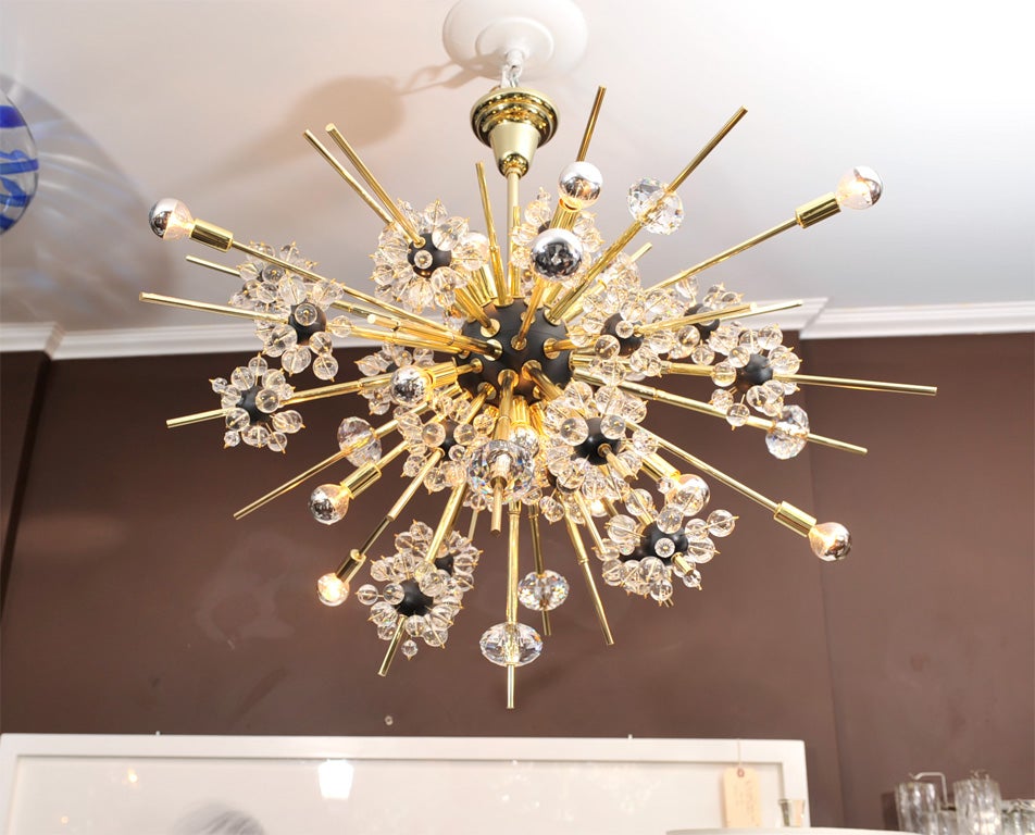 Custom crystal and brass rod Sputnik chandelier with black spheres. Customizable in different sizes and finishes.