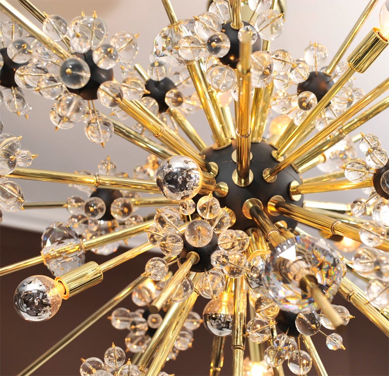 American Crystal and Brass Rod Sputnik Chandelier with Black Spheres For Sale