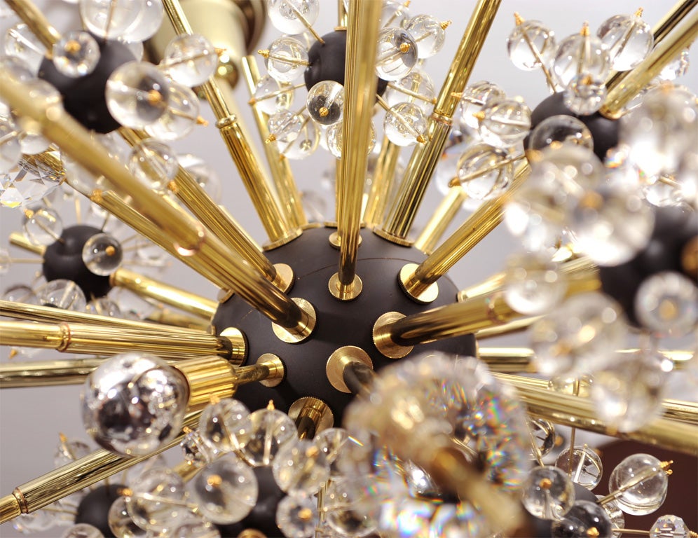 Metal Crystal and Brass Rod Sputnik Chandelier with Black Spheres For Sale