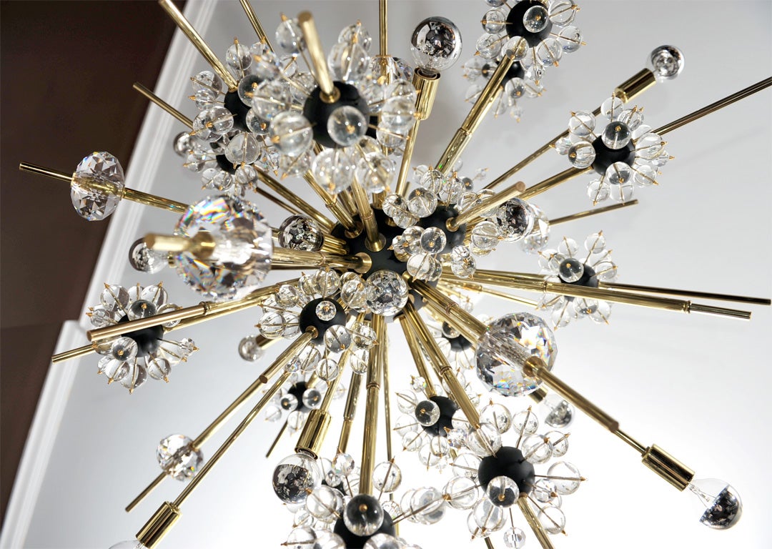 Crystal and Brass Rod Sputnik Chandelier with Black Spheres For Sale 1