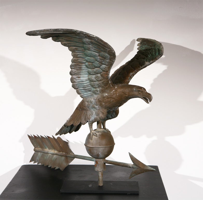 THIS WONDERFUL FULL BODY EAGLE WEATHERVANE HAS A GREAT OLD SURFACE AND IS IN GOOD CONDITION W/ NO HOLES,SOME MINOR DENTS IN WINGS.IT IS ON A CUSTOM MADE IRON STAND.THIS EAGLE IS FROM A PRIVATE FOLK ART COLLECTION AND HAS GREAT PRESENCE.THE AGE IS