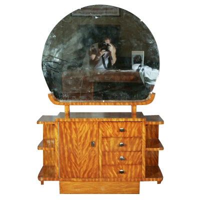 Art Deco Vanity Large Circular Mirror Multiple Shelves Fine Burl Wood Finish