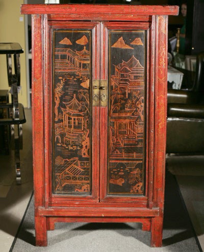 Red Painted Chinoiserie Armoire