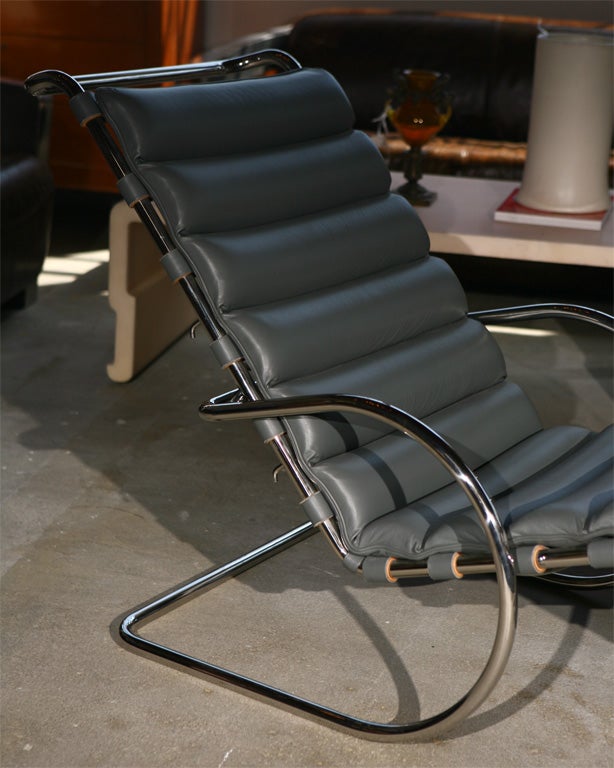 Mies Van der Rohe gray leather and chrome adjustable chaise lounge by Knoll